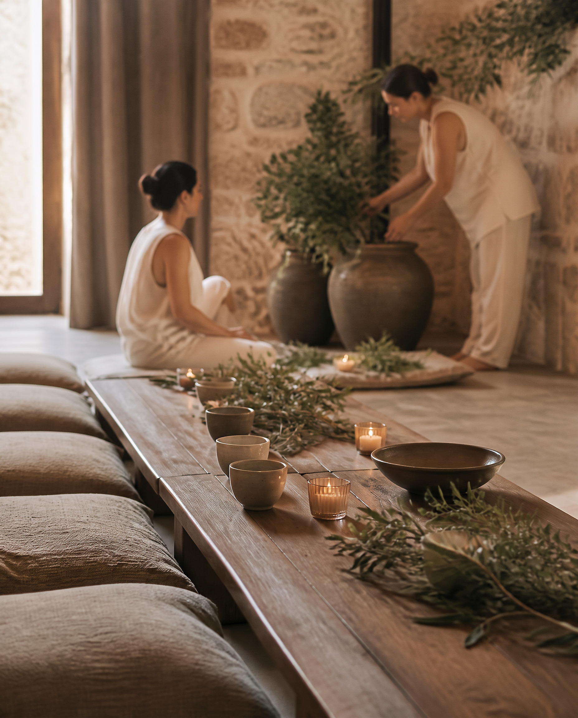 Areté Studio wellness event set in a stone-walled Barcelona space with ceramics and linen
